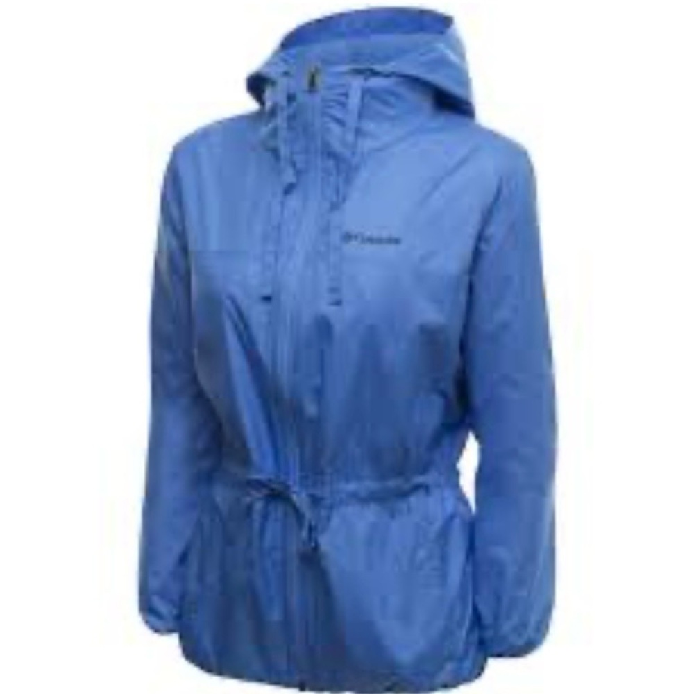 Columbia Women’s Blue Rain Jacket with attached hood.